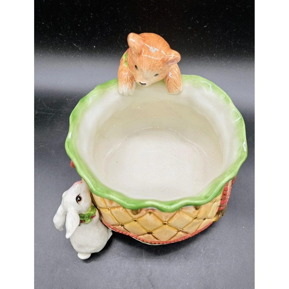 2003 Fitz & Floyd Christmas Sandy Tidbit Dish Candy Bowl Bear Rabbit 9